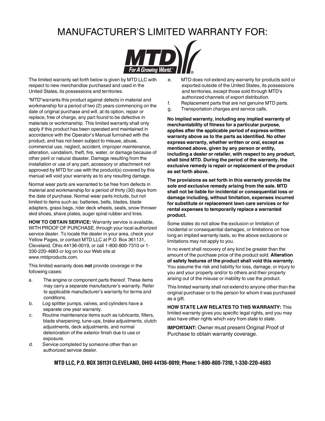 MTD 549 manual MANUFACTURER’S Limited Warranty for 