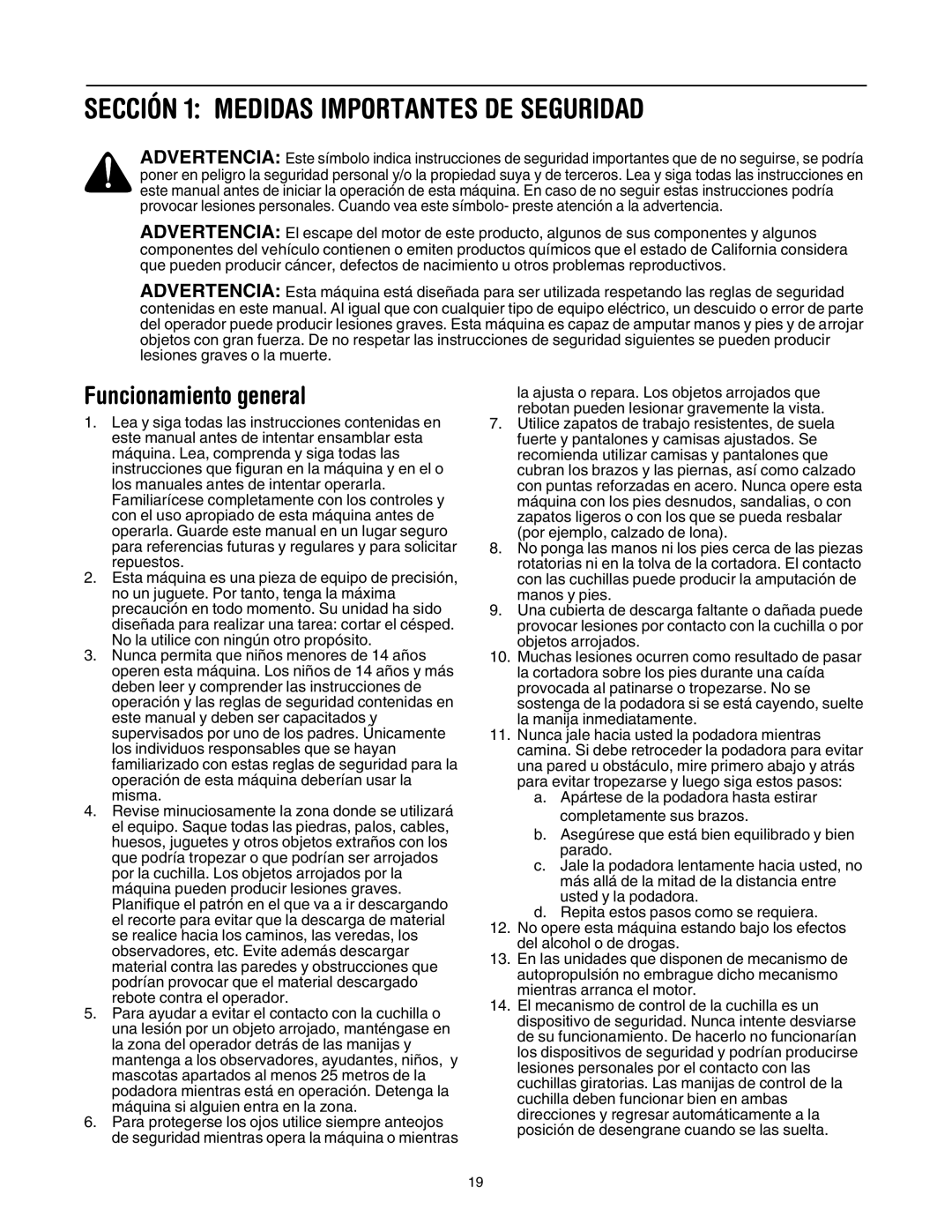 MTD 549 manual Sección 1 Medidas Importantes DE Seguridad, Funcionamiento general 