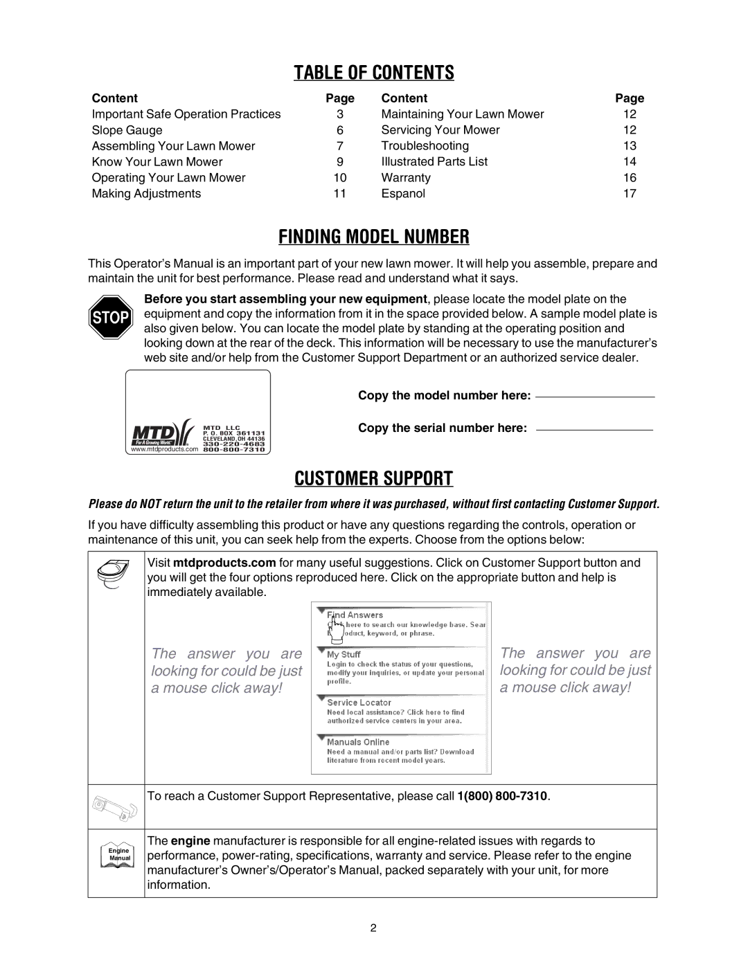 MTD 549 manual Table of Contents 