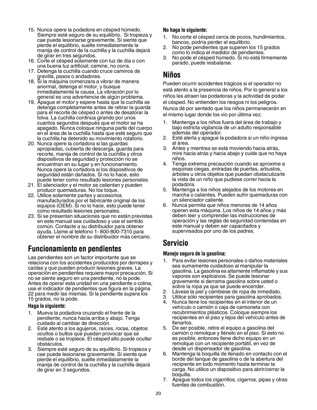 MTD 549 manual Funcionamiento en pendientes, Niños, Servicio 