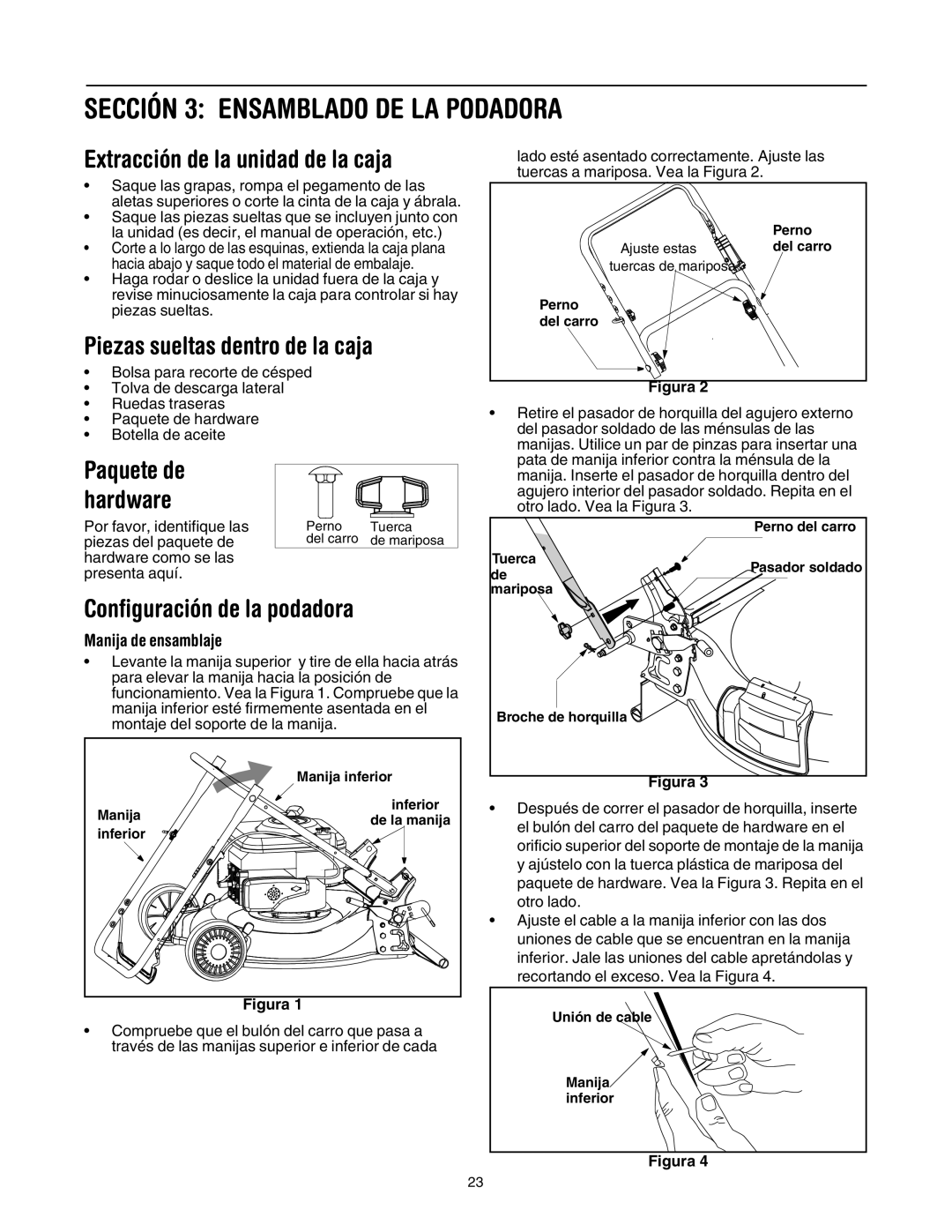 MTD 549 manual Sección 3 Ensamblado DE LA Podadora, Extracción de la unidad de la caja, Piezas sueltas dentro de la caja 