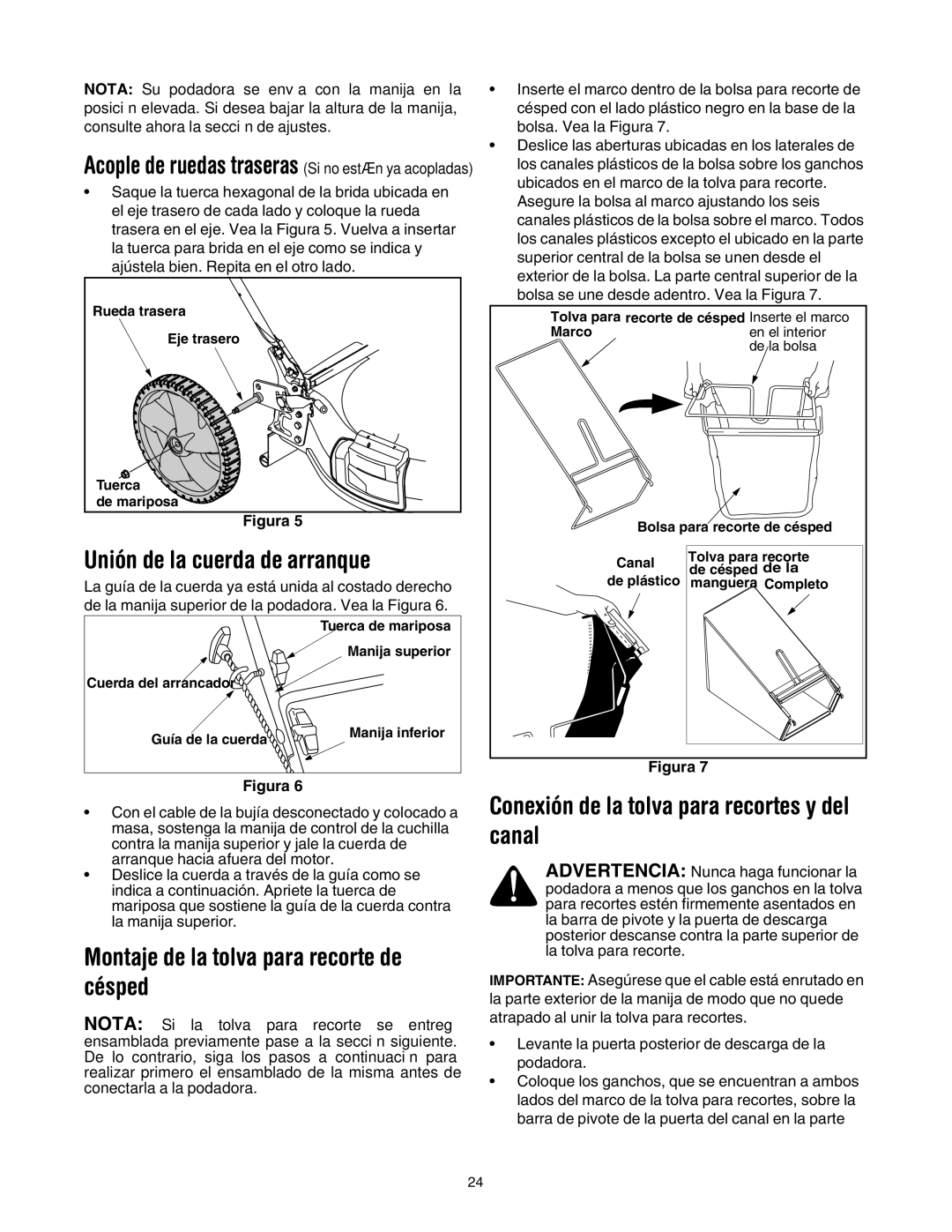 MTD 549 manual Unión de la cuerda de arranque, Montaje de la tolva para recorte de césped 