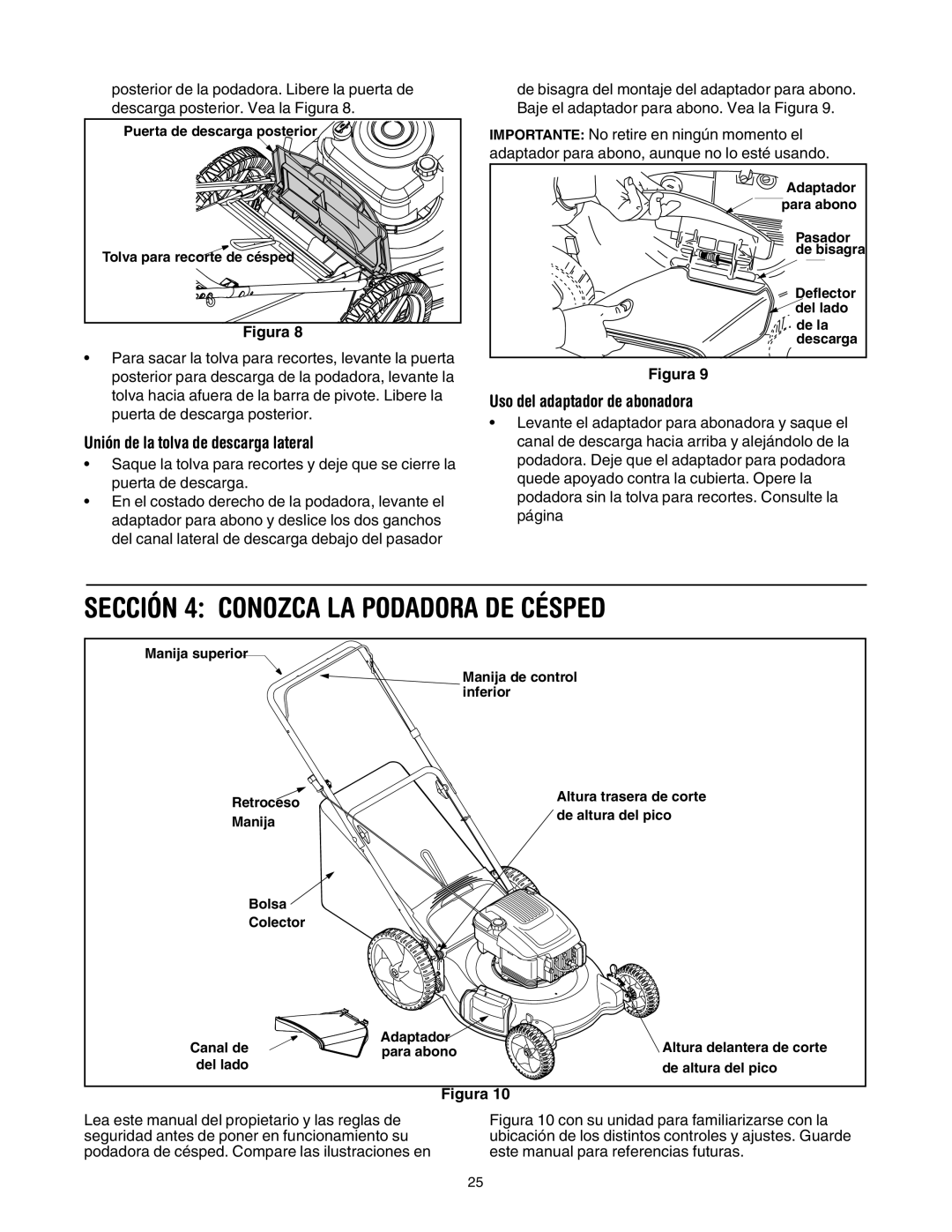 MTD 549 Sección 4 Conozca LA Podadora DE Césped, Unión de la tolva de descarga lateral, Uso del adaptador de abonadora 