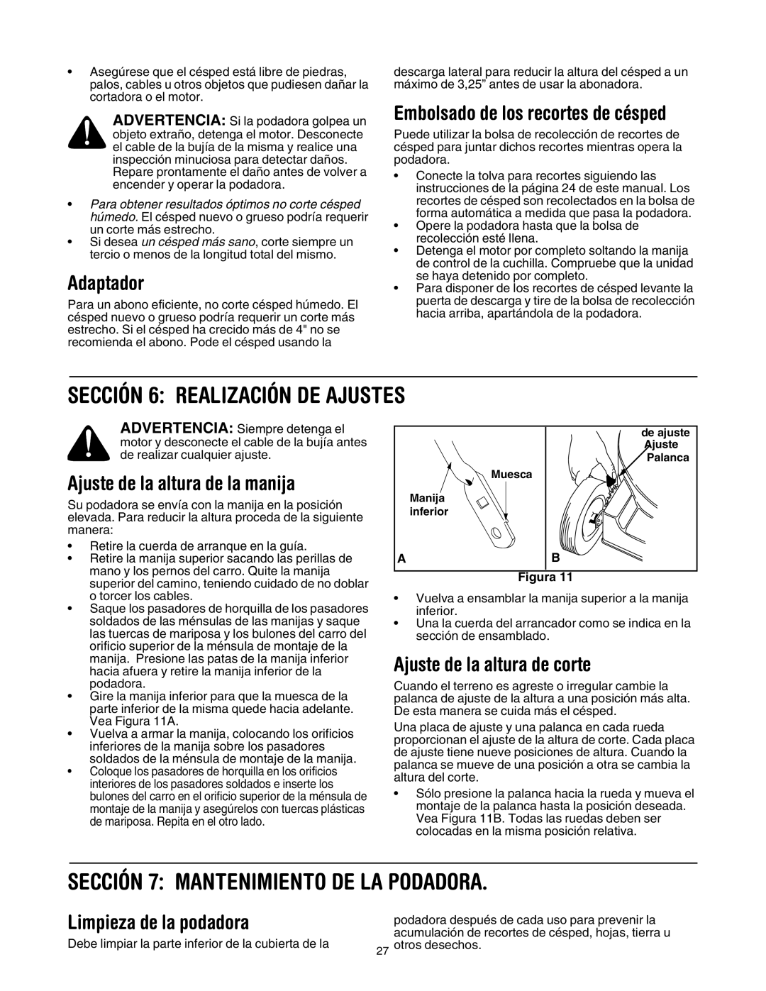 MTD 549 manual Sección 6 Realización DE Ajustes, Sección 7 Mantenimiento DE LA Podadora 