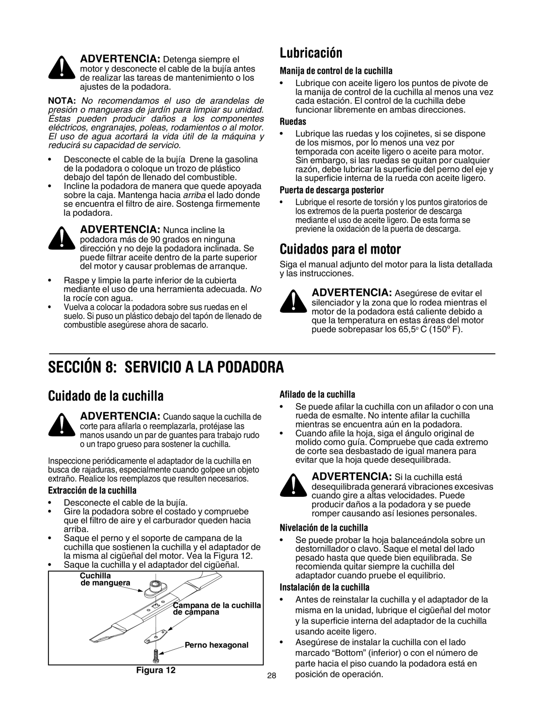 MTD 549 manual Sección 8 Servicio a LA Podadora, Lubricación, Cuidados para el motor, Cuidado de la cuchilla 