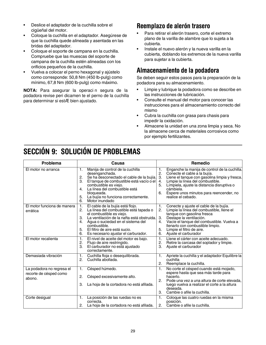 MTD 549 manual Sección 9 Solución DE Problemas, Reemplazo de alerón trasero, Almacenamiento de la podadora 