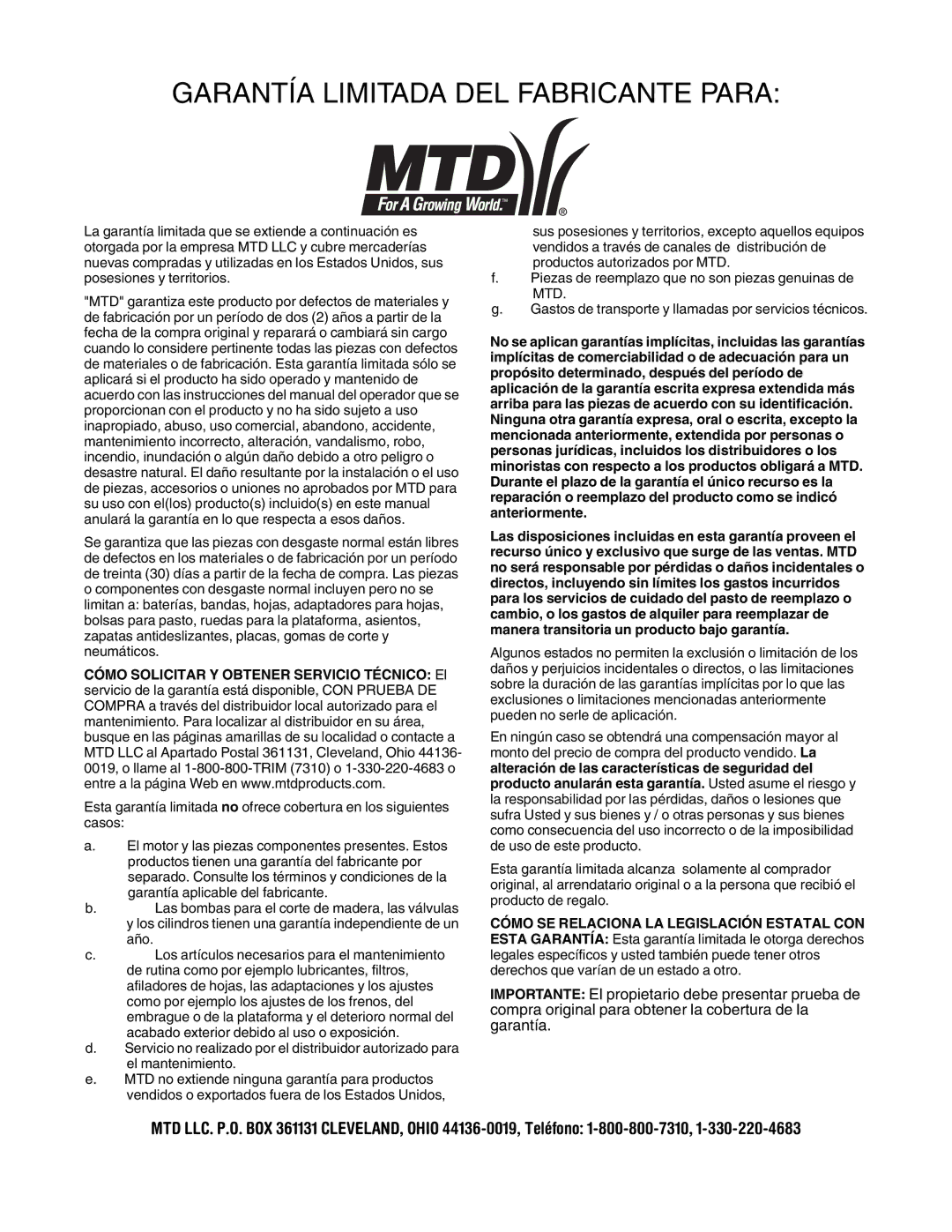 MTD 549 manual Garantía Limitada DEL Fabricante Para 