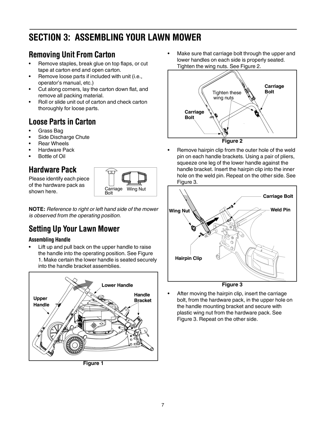 MTD 549 manual Assembling Your Lawn Mower, Removing Unit From Carton, Hardware Pack, Setting Up Your Lawn Mower 