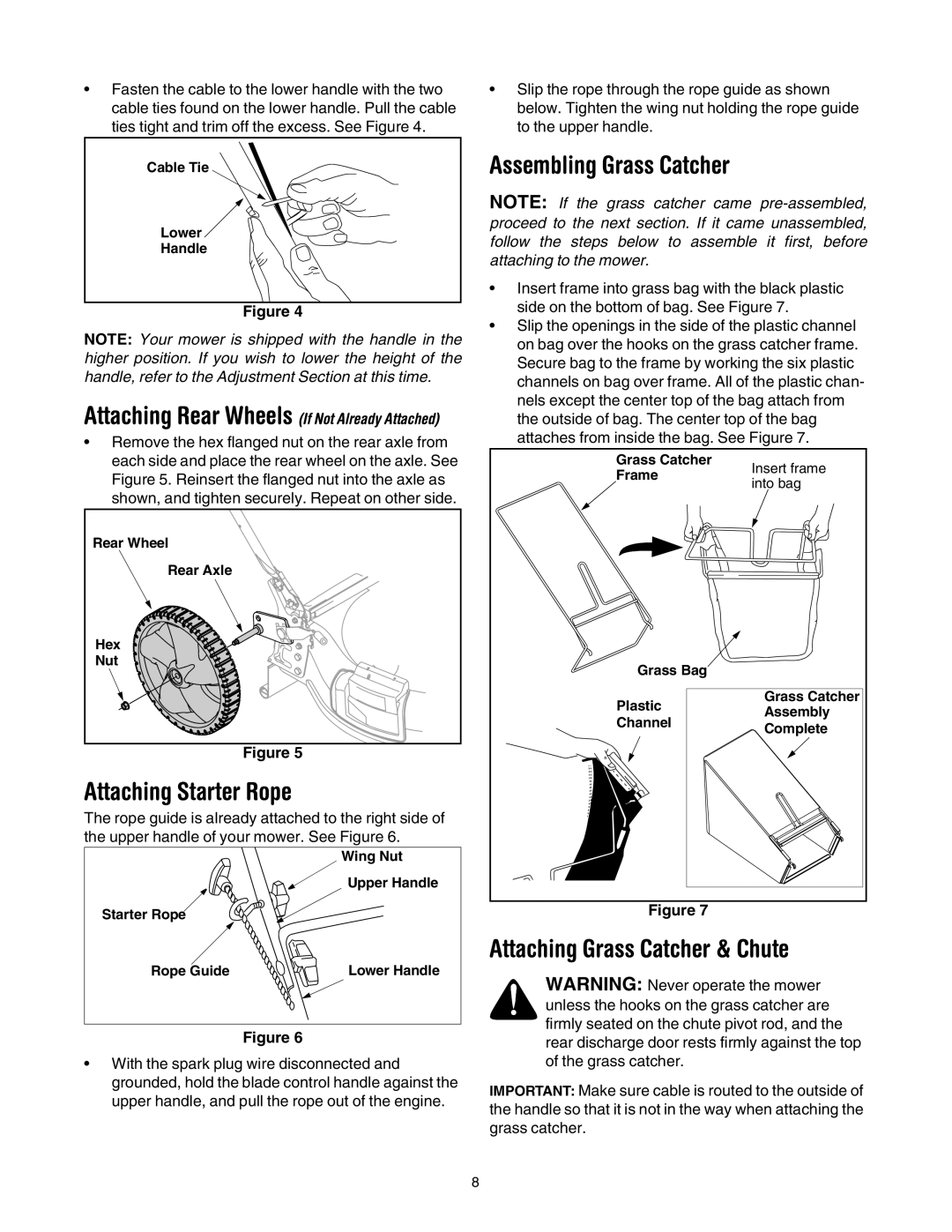 MTD 549 manual Attaching Starter Rope, Assembling Grass Catcher, Attaching Grass Catcher & Chute 