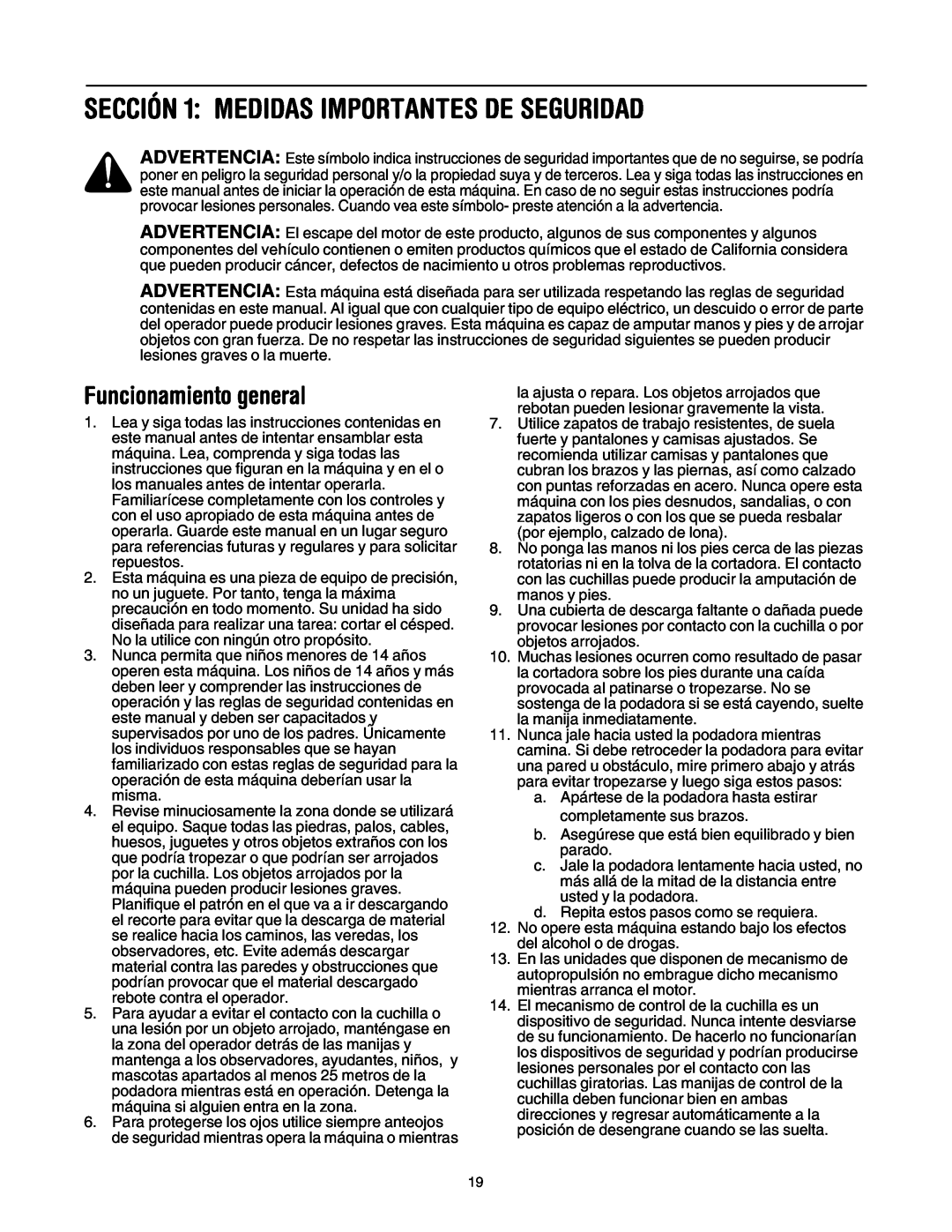 MTD 549 manual SECCIÓN 1 MEDIDAS IMPORTANTES DE SEGURIDAD, Funcionamiento general 