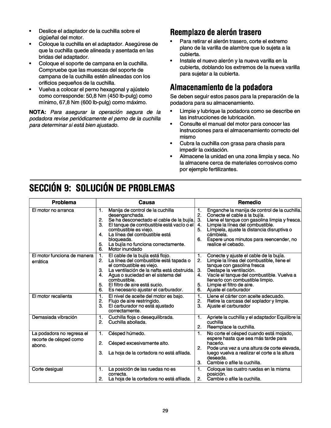 MTD 549 manual SECCIÓN 9 SOLUCIÓN DE PROBLEMAS, Reemplazo de alerón trasero, Almacenamiento de la podadora, Problema, Causa 