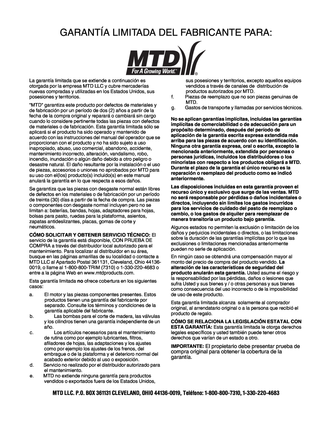 MTD 549 manual Garantía Limitada Del Fabricante Para 