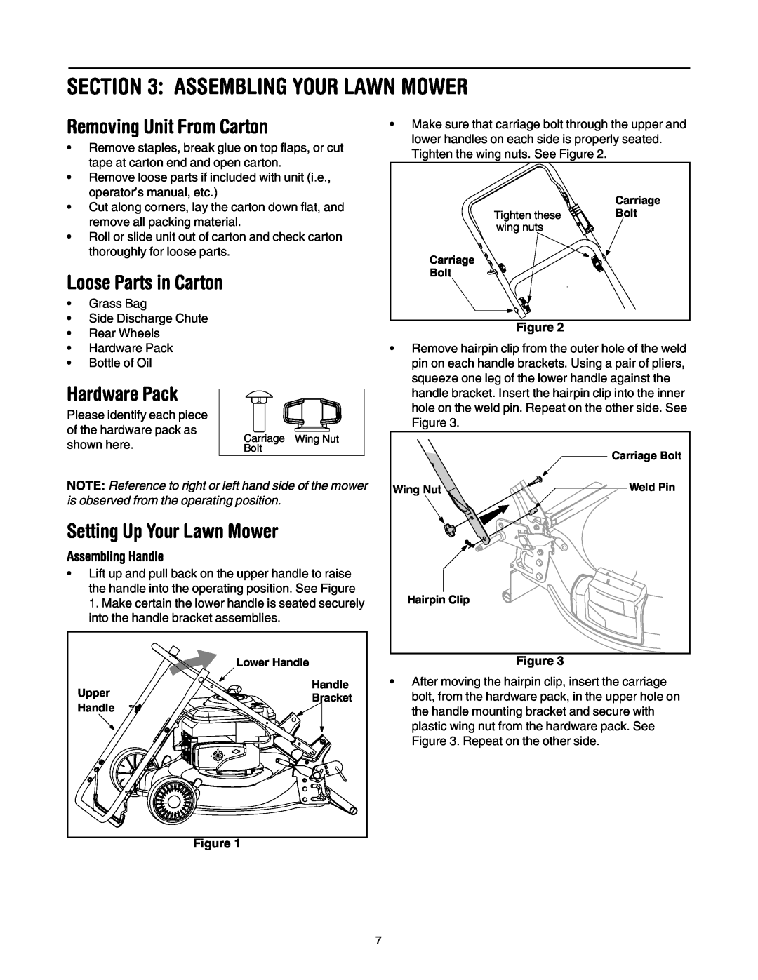 MTD 549 manual Assembling Your Lawn Mower, Removing Unit From Carton, Hardware Pack, Setting Up Your Lawn Mower 