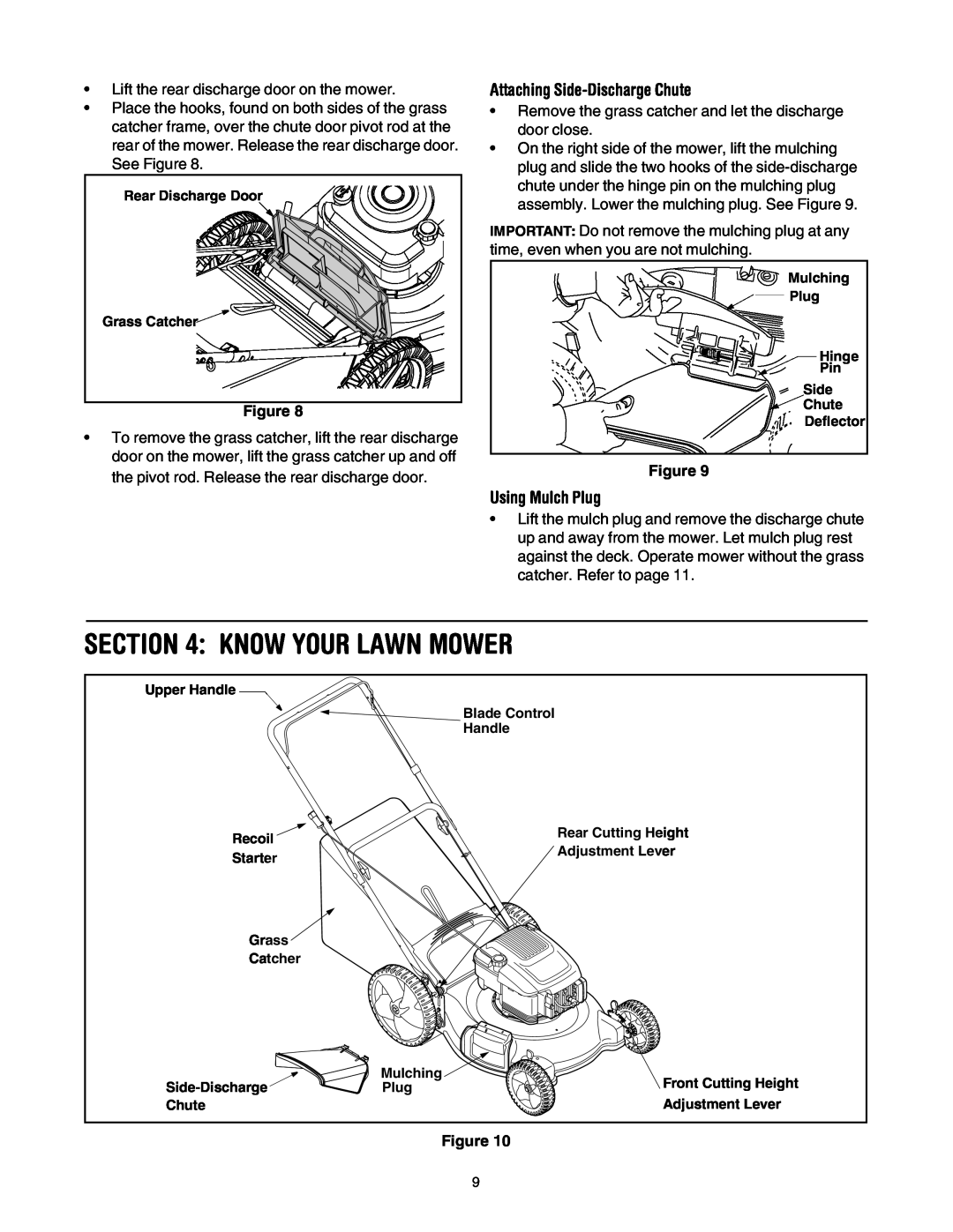 MTD 549 manual Know Your Lawn Mower, Attaching Side-Discharge Chute, Using Mulch Plug 