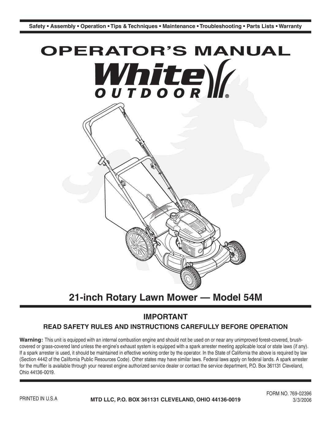 MTD warranty Inch Rotary Lawn Mower Model 54M, MTD LLC, P.O. BOX 361131 CLEVELAND, Ohio, 2006 