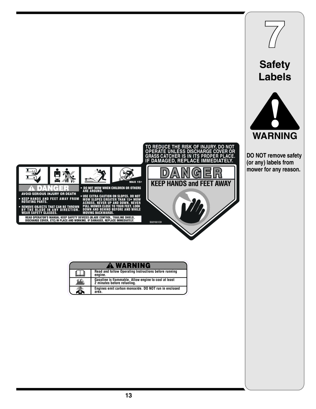 MTD 54M warranty Safety Labels, Do not remove safety or any labels from mower for any reason 