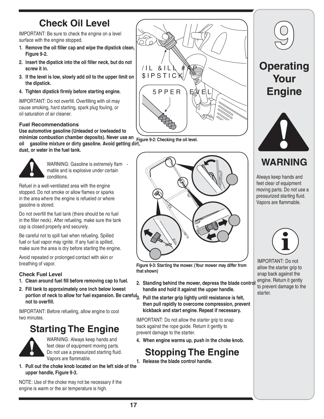 MTD 54M warranty Check Oil Level, Starting The Engine, Stopping The Engine, Fuel Recommendations 