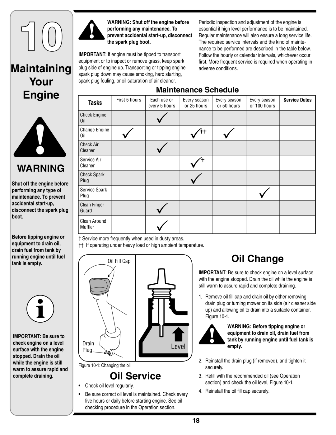 MTD 54M warranty Maintaining Your, Oil Service, Oil Change, Running engine until fuel tank is empty 