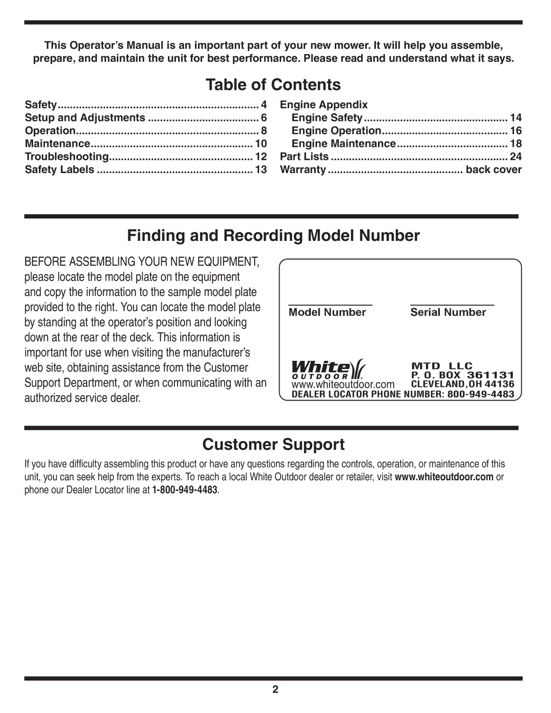 MTD 54M warranty Table of Contents, Finding and Recording Model Number, Customer Support 