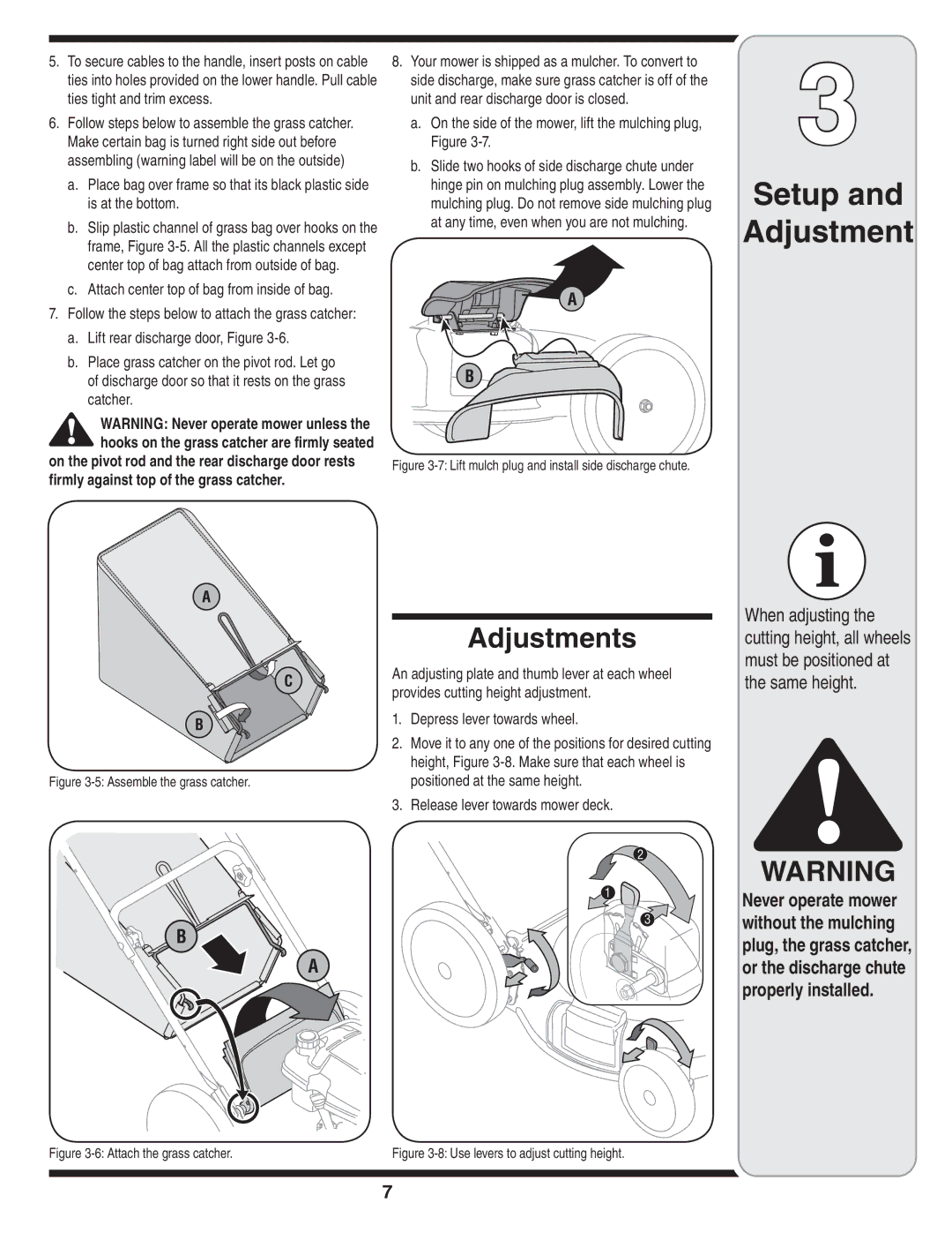 MTD 54M Adjustments, Attach center top of bag from inside of bag, On the side of the mower, lift the mulching plug, Figure 