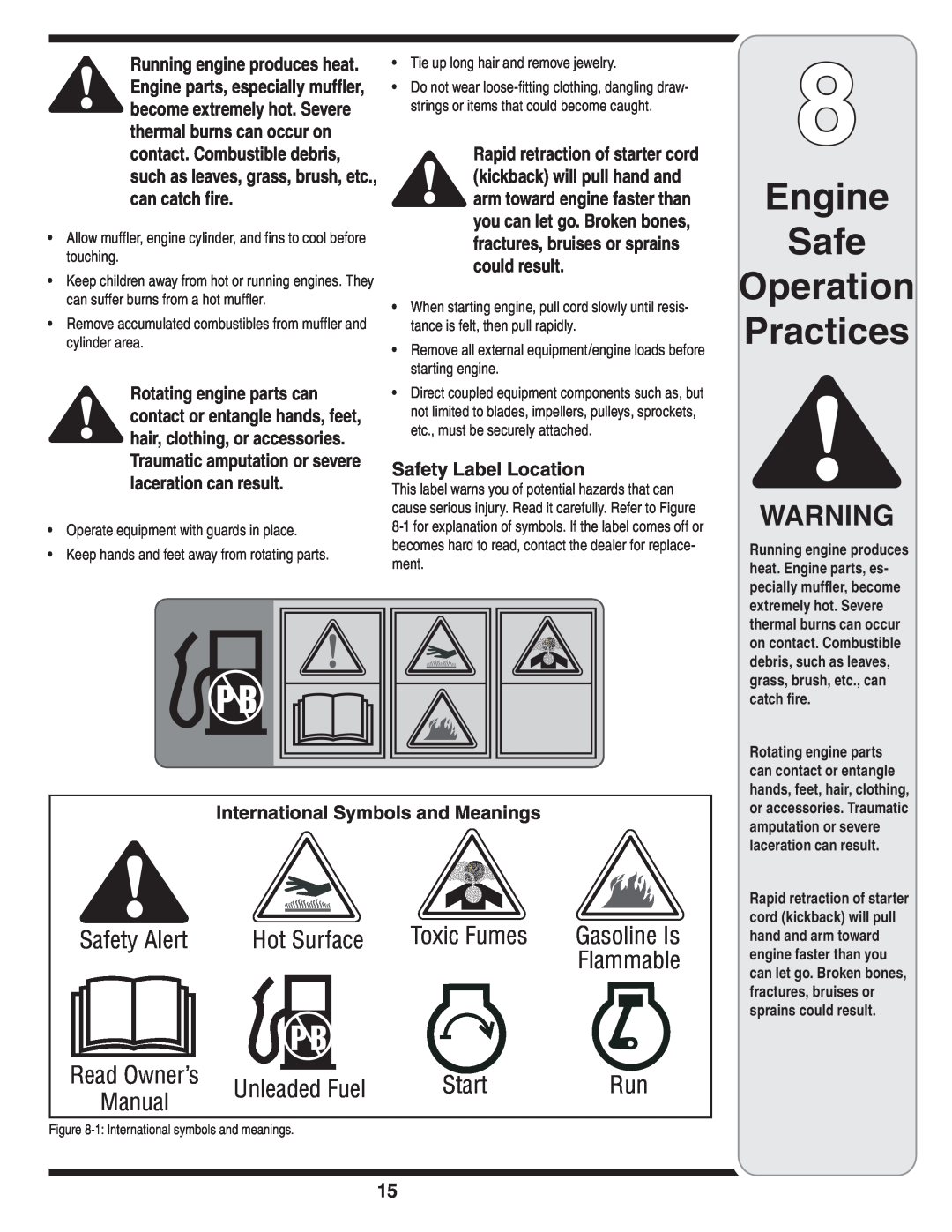 MTD 54M warranty Safety Label Location, International Symbols and Meanings, Engine Safe Operation Practices 