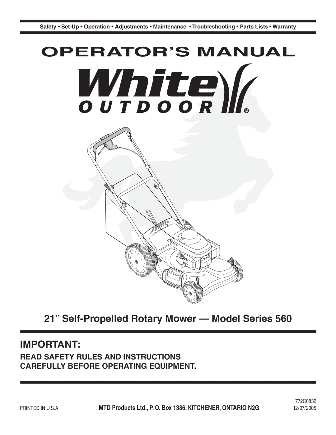 MTD 560 Series warranty Self-Propelled Rotary Mower Model Series, 772C0832, 12/07/2005 