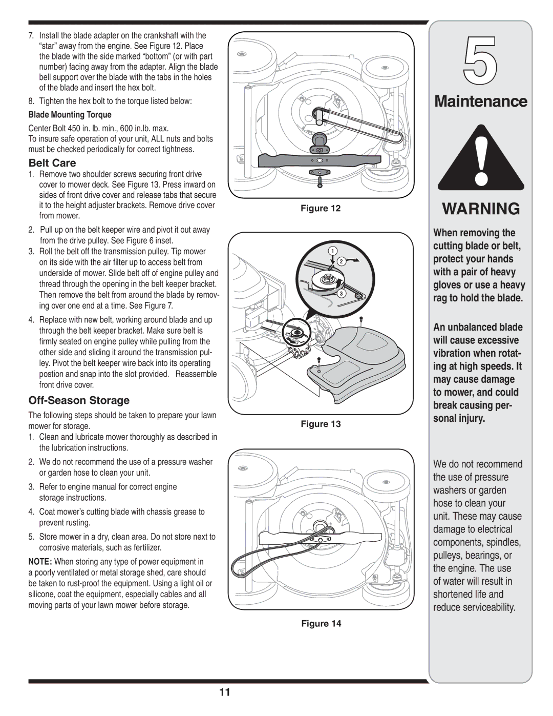 MTD 560 Series warranty Belt Care, Off-Season Storage, Tighten the hex bolt to the torque listed below 