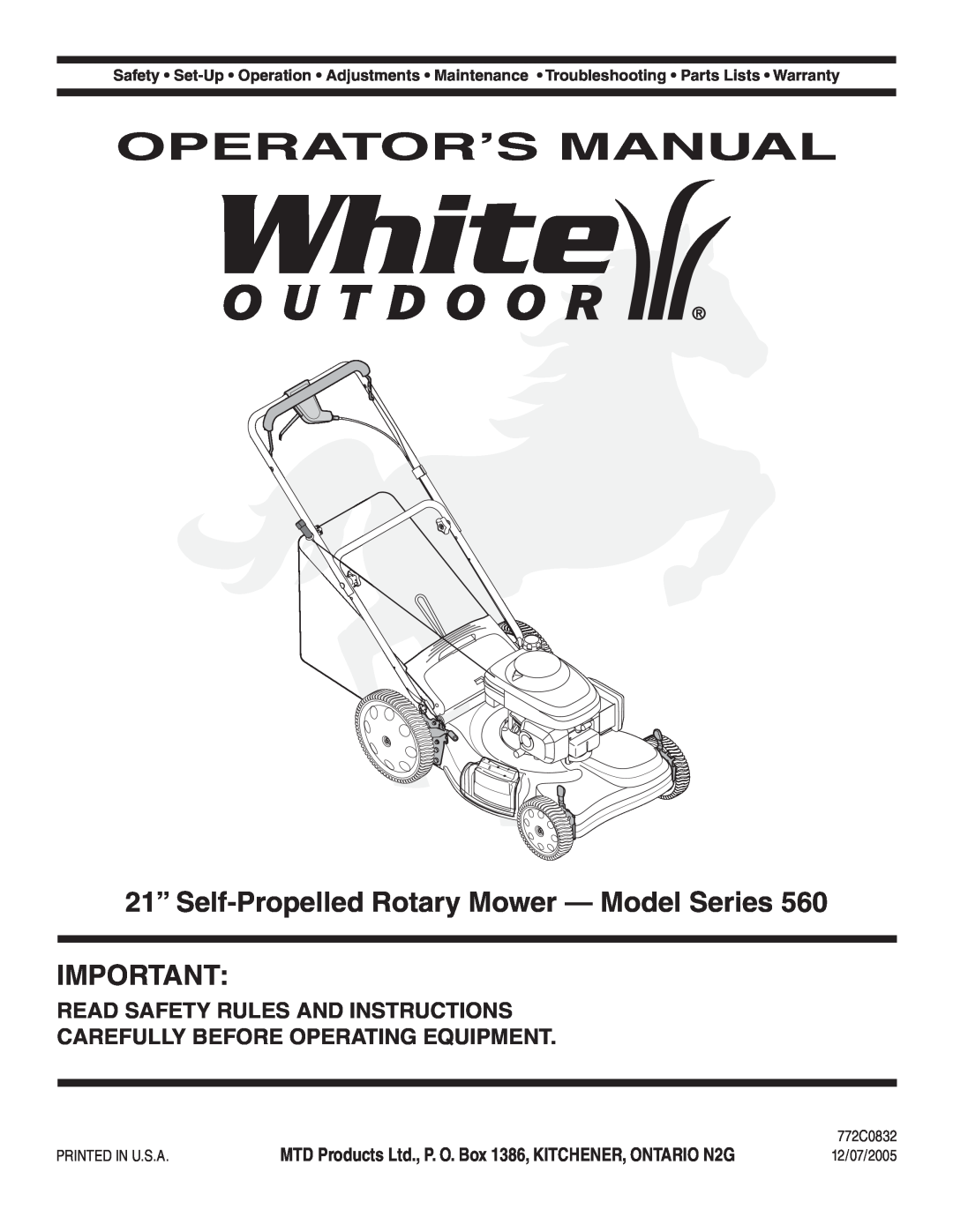 MTD 560 Series warranty Operator’S Manual, 21” Self-Propelled Rotary Mower - Model Series 