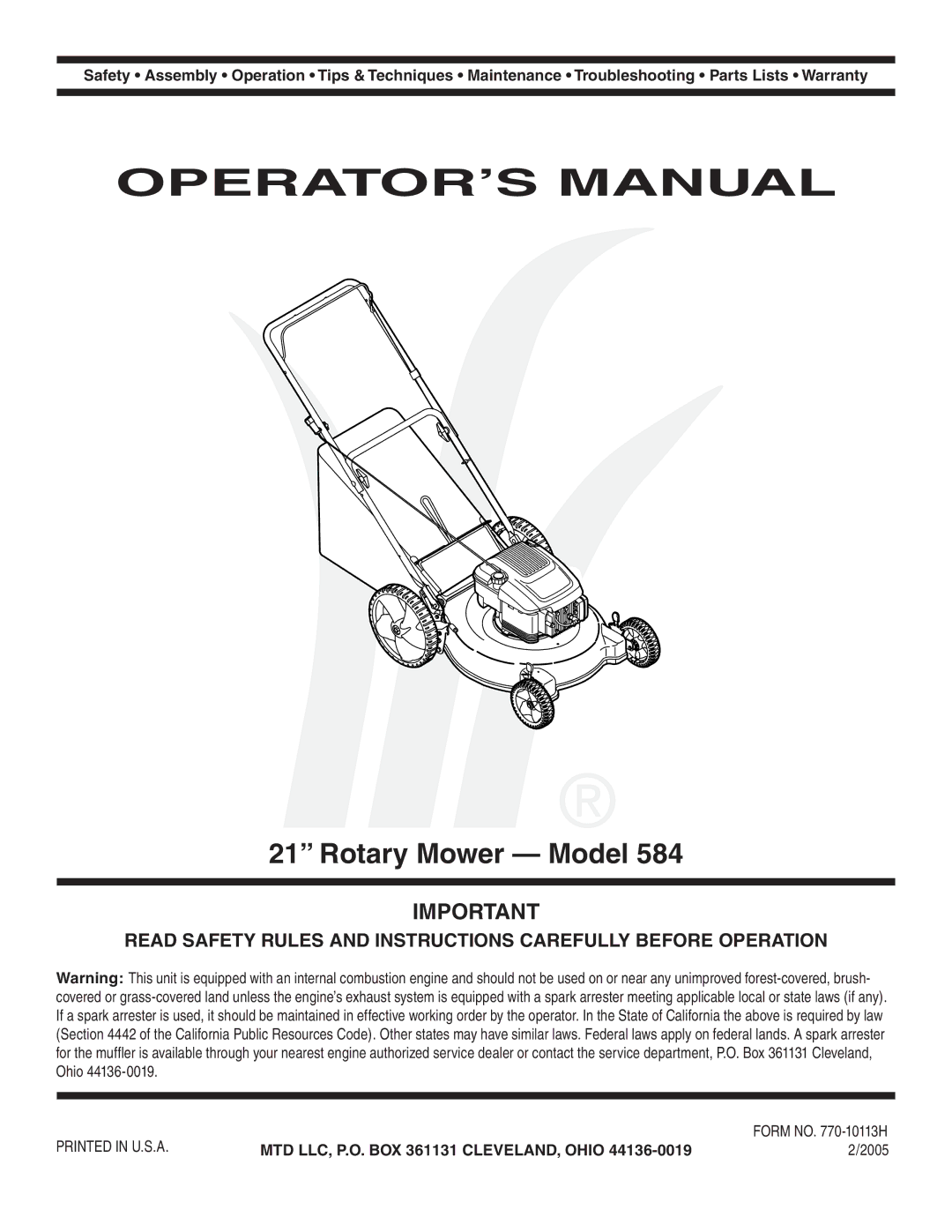 MTD 584 warranty OPERATOR’S Manual, Rotary Mower Model 