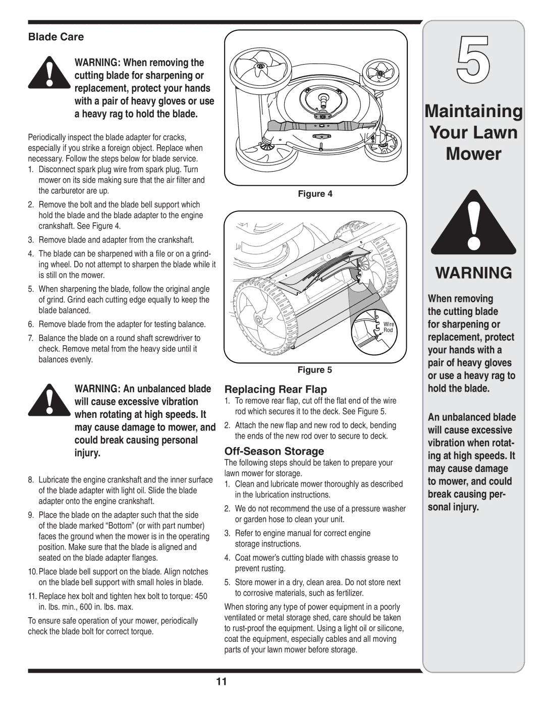 MTD 584 warranty Blade Care, Replacing Rear Flap, Off-Season Storage, Hold the blade 