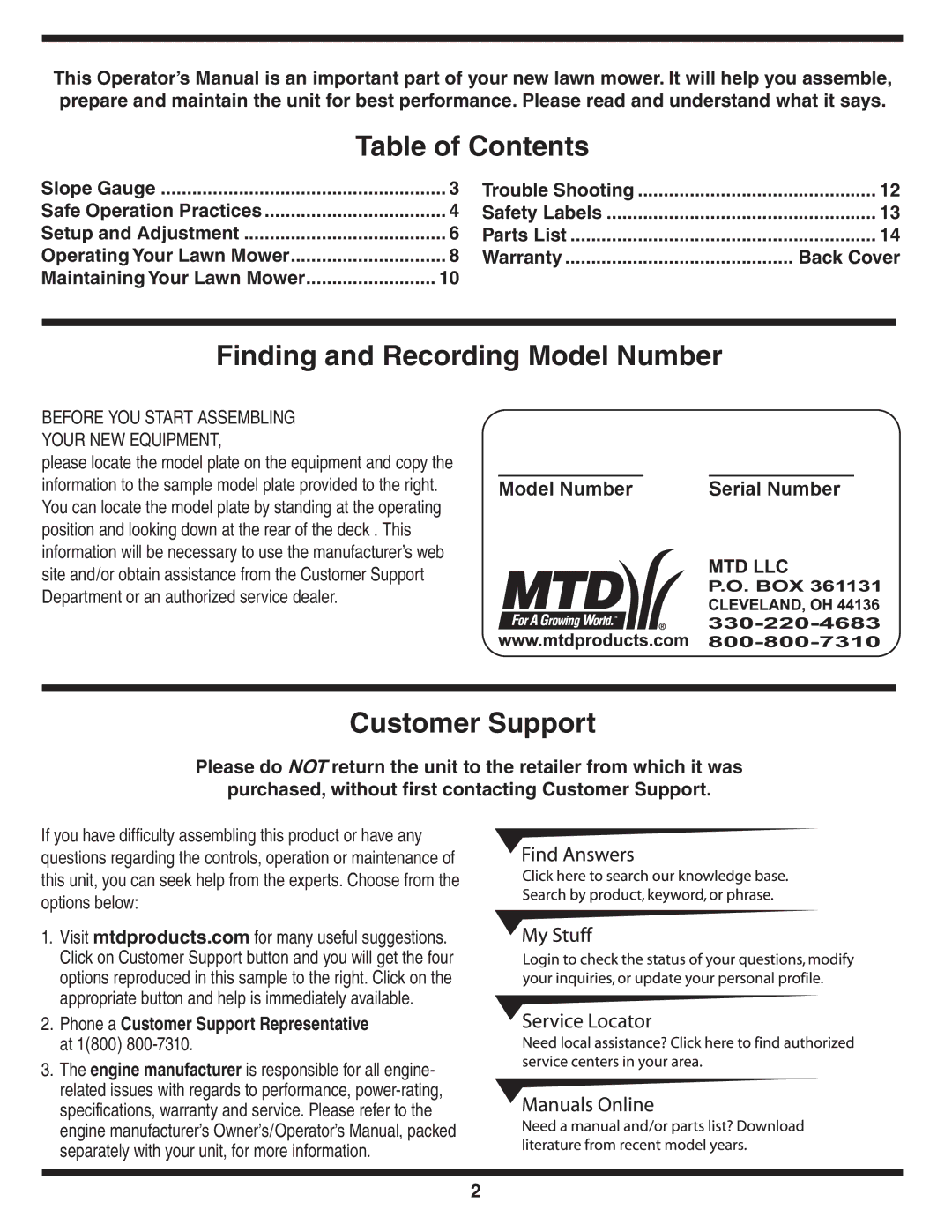 MTD 584 warranty Table of Contents, Finding and Recording Model Number, Customer Support 