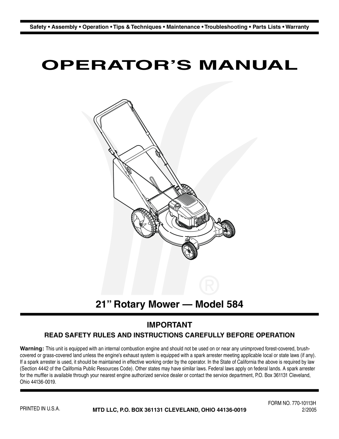MTD 584 warranty Operator’S Manual, 21” Rotary Mower - Model 