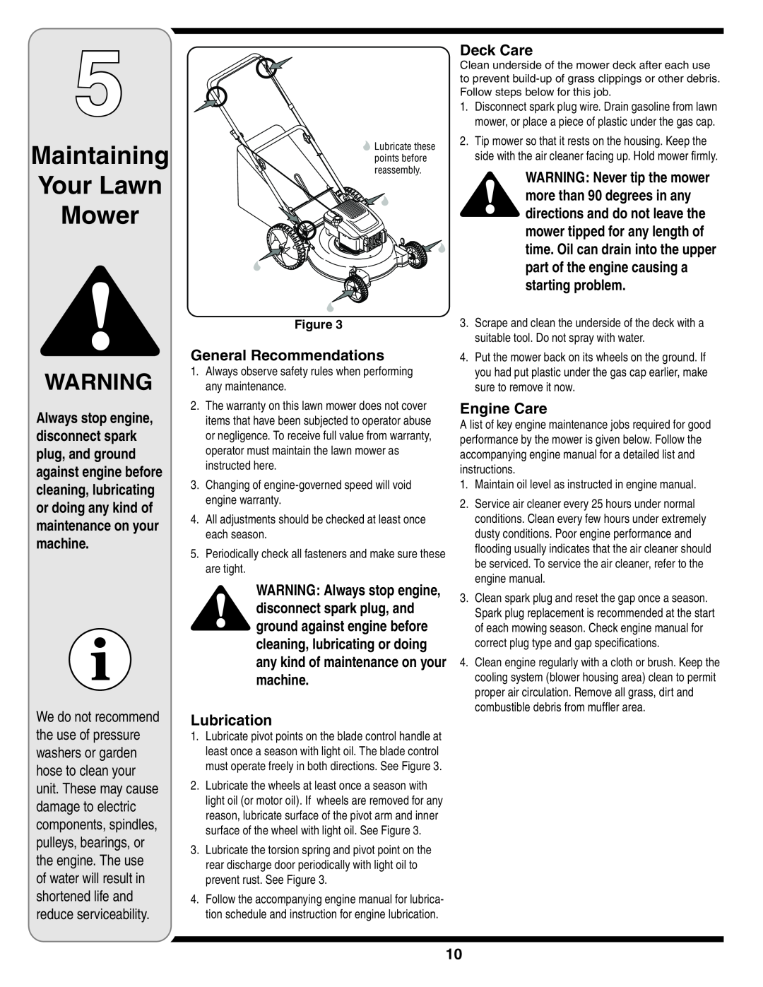 MTD 584 warranty Maintaining Your Lawn Mower, Deck Care, General Recommendations, Lubrication, Engine Care 