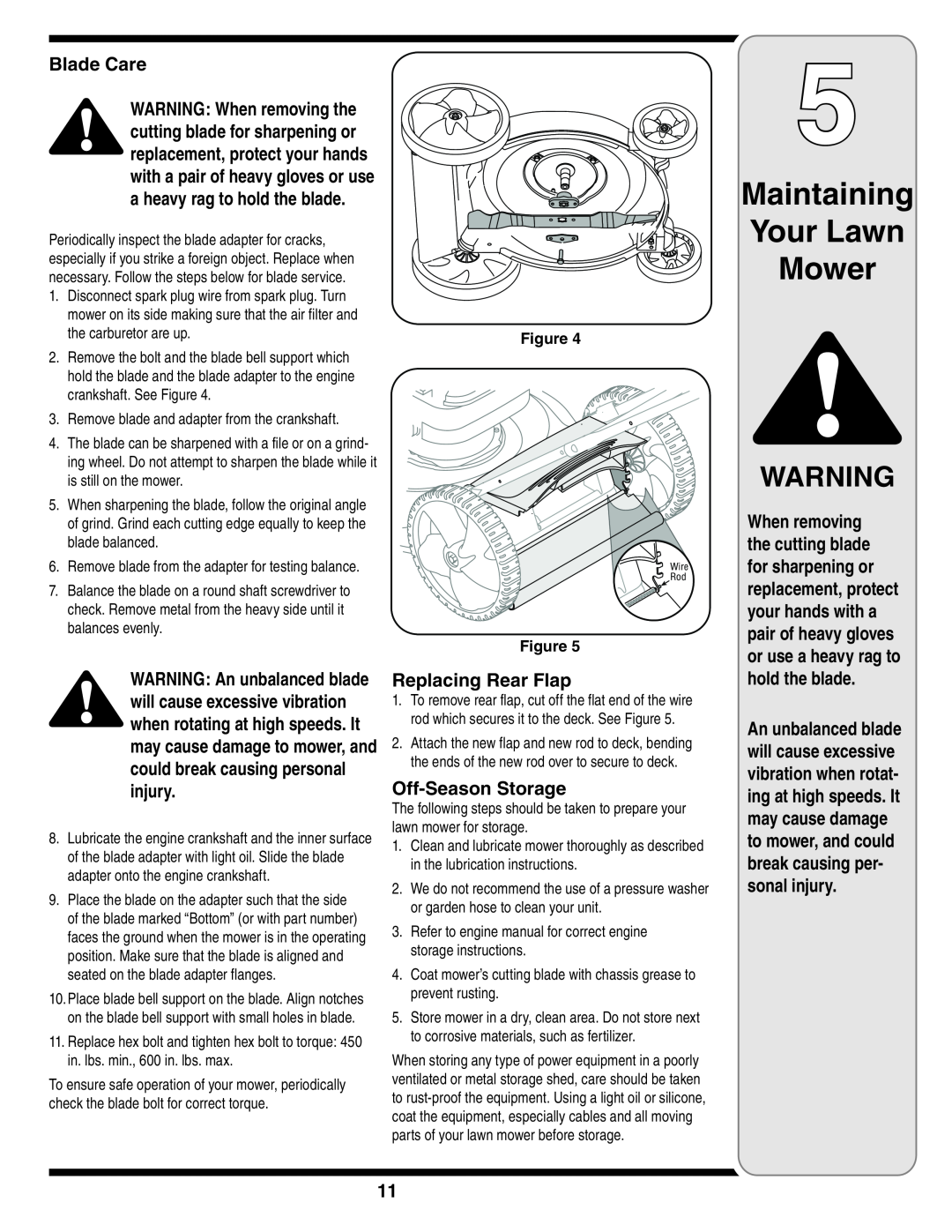 MTD 584 warranty Maintaining Your Lawn Mower, Blade Care, Replacing Rear Flap, Off-SeasonStorage, hold the blade 