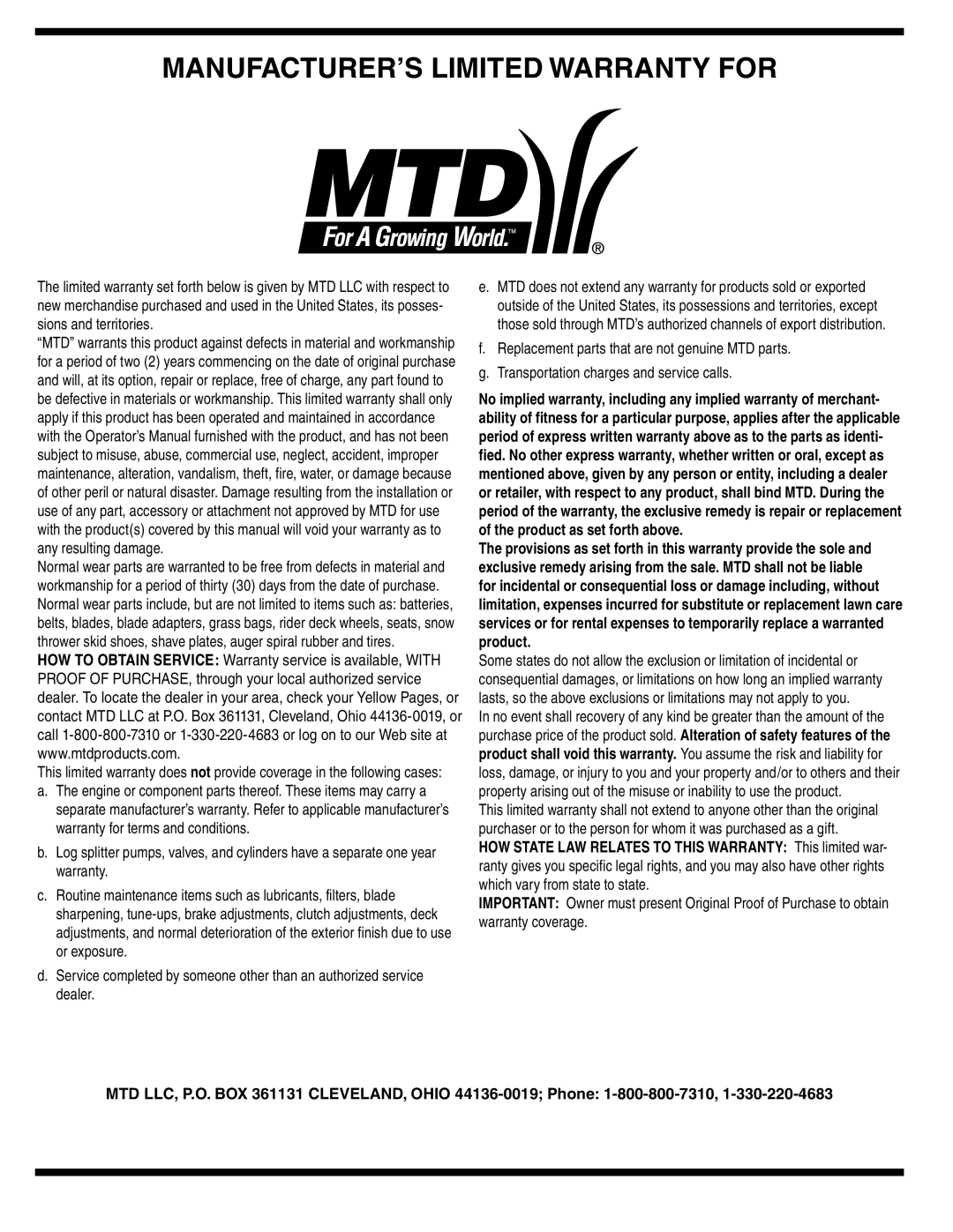 MTD 584 warranty Manufacturer’S Limited Warranty For 