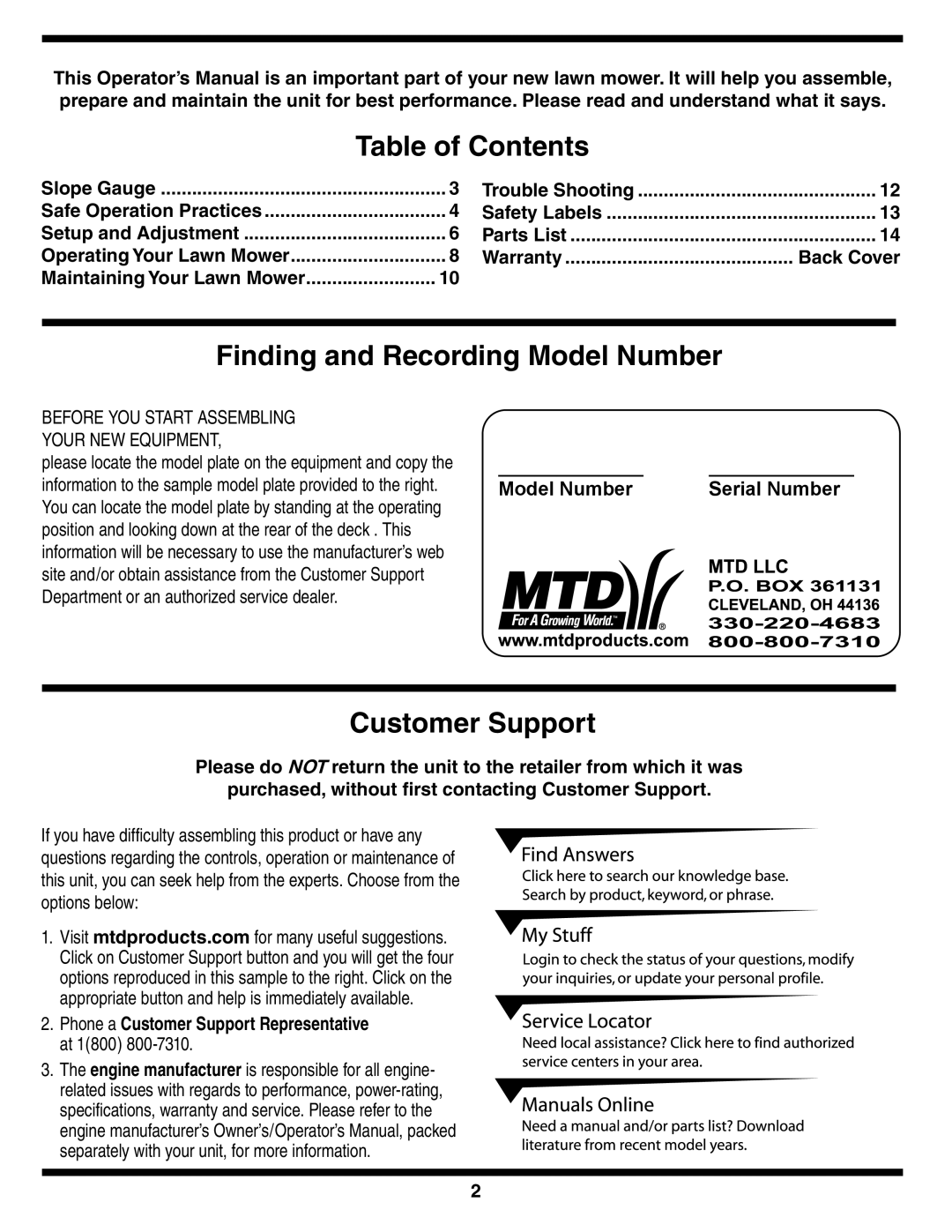 MTD 584 warranty Table of Contents, Finding and Recording Model Number, Customer Support, Serial Number 