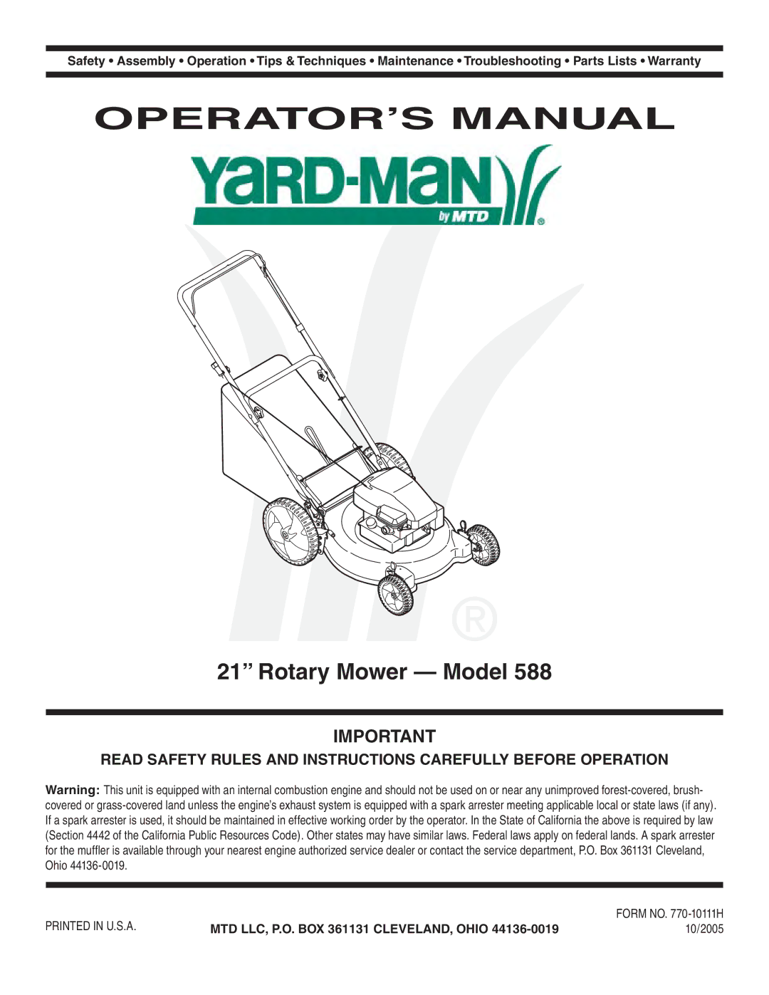 MTD 588 warranty OPERATOR’S Manual, Rotary Mower Model 