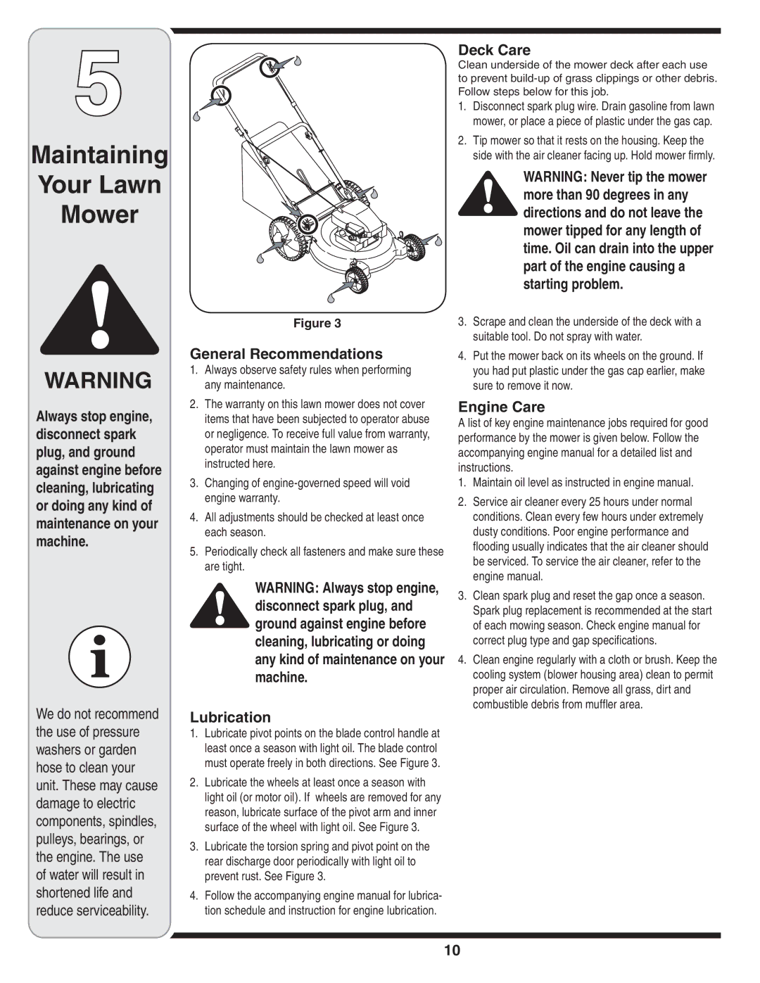 MTD 588 warranty Maintaining Your Lawn Mower, General Recommendations, Lubrication, Deck Care, Engine Care 