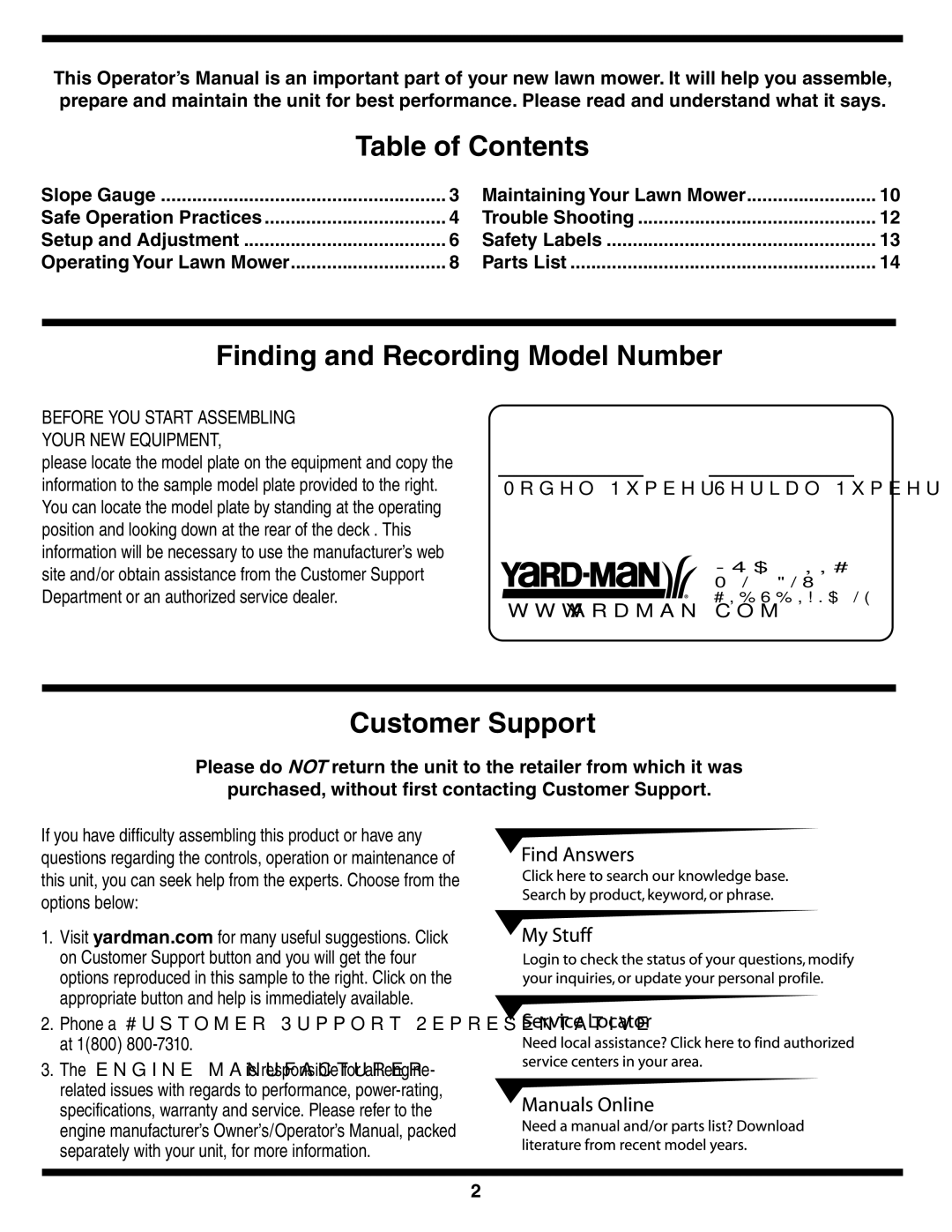 MTD 588 warranty Table of Contents, Finding and Recording Model Number, Customer Support 