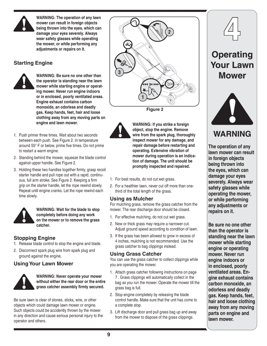 MTD 588 warranty Starting Engine, Stopping Engine, Using Your Lawn Mower, Using as Mulcher, Using Grass Catcher 