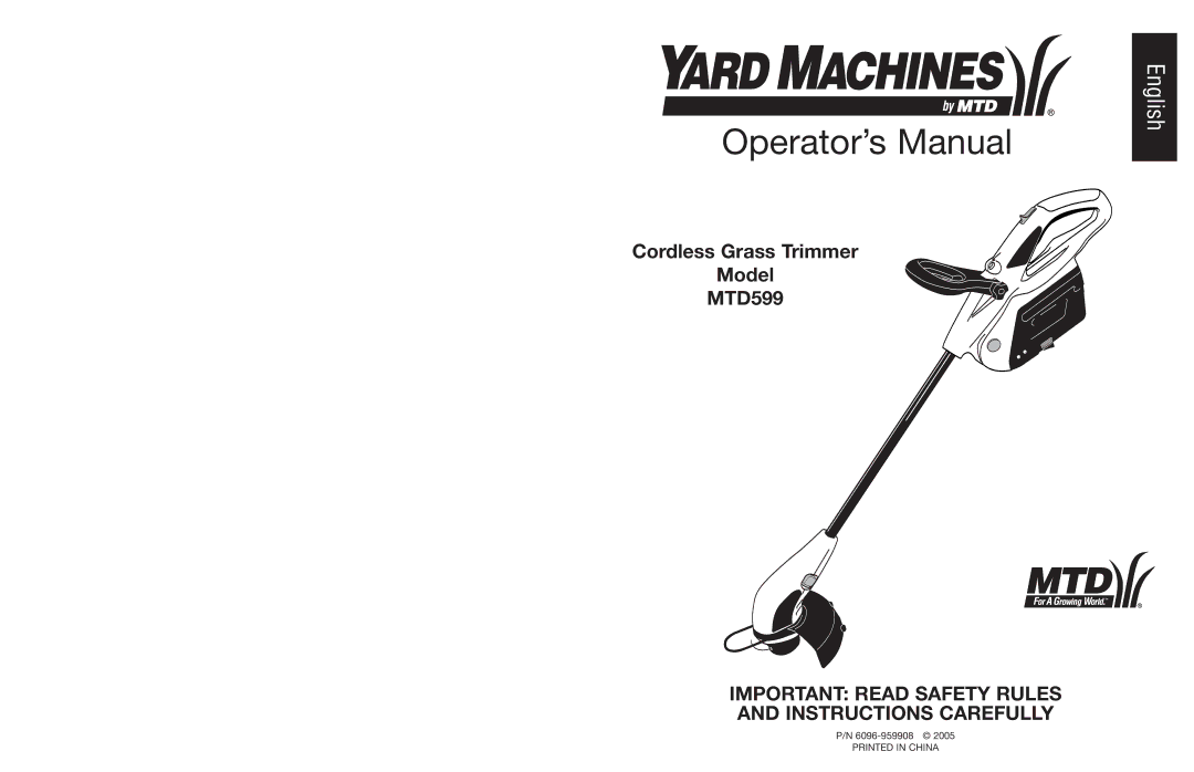 MTD 599 manual Operator’s Manual 