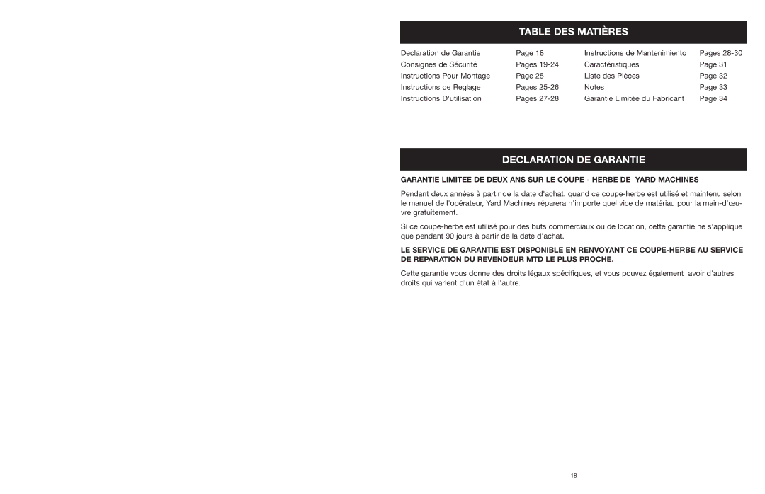 MTD 599 manual Table DES Matières, Declaration DE Garantie 