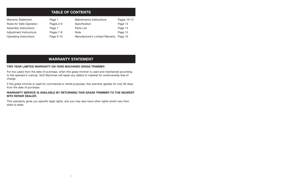 MTD 599 manual Table of Contents, Warranty Statement 