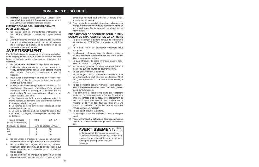 MTD 599 manual Avertissement Dansle cas, Instructions DE Securite Importante Pour LE Chargeur 