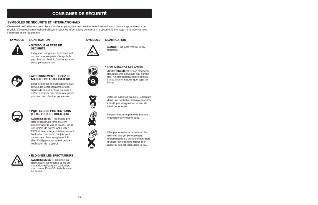 MTD 599 manual Symboles DE Sécurité ET Internationaux, Symbole Signification Symbole Alerte DE Sécurité 