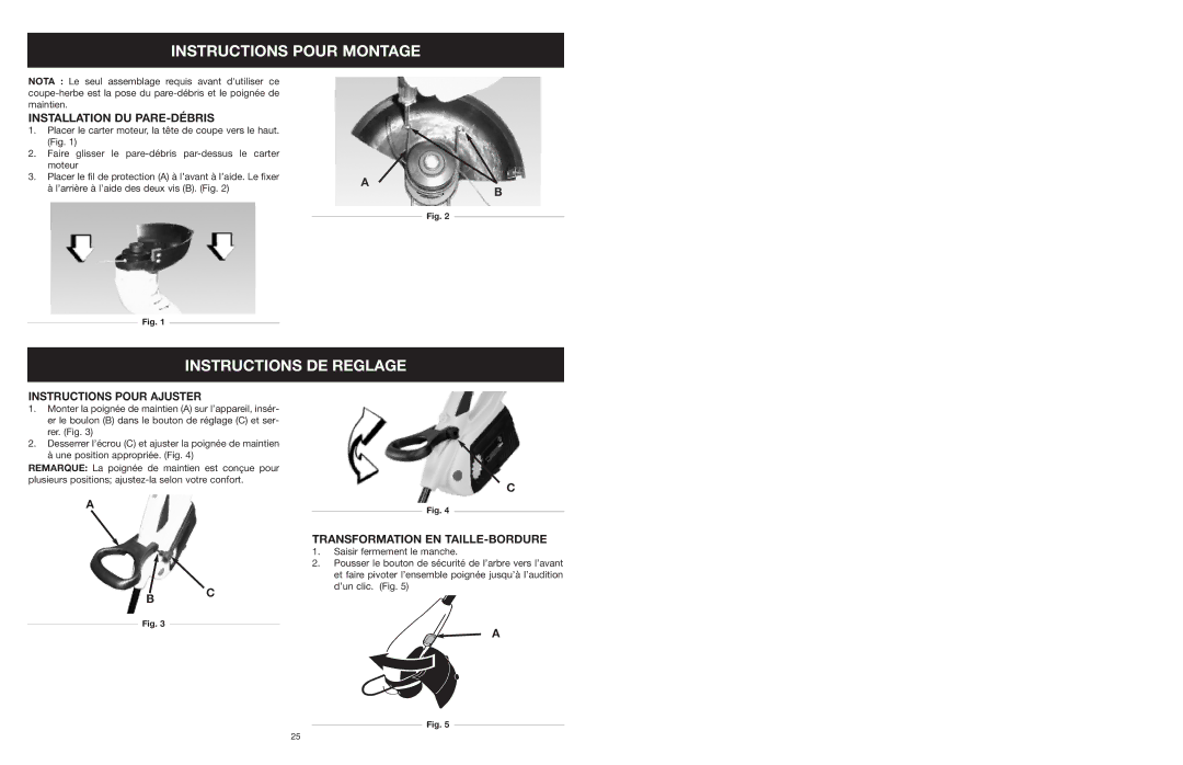 MTD 599 manual Instructions Pour Montage, Instructions DE Reglage, Installation DU PARE-DÉBRIS, Instructions Pour Ajuster 