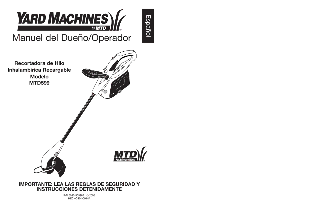 MTD 599 manual Manuel del Dueño/Operador 