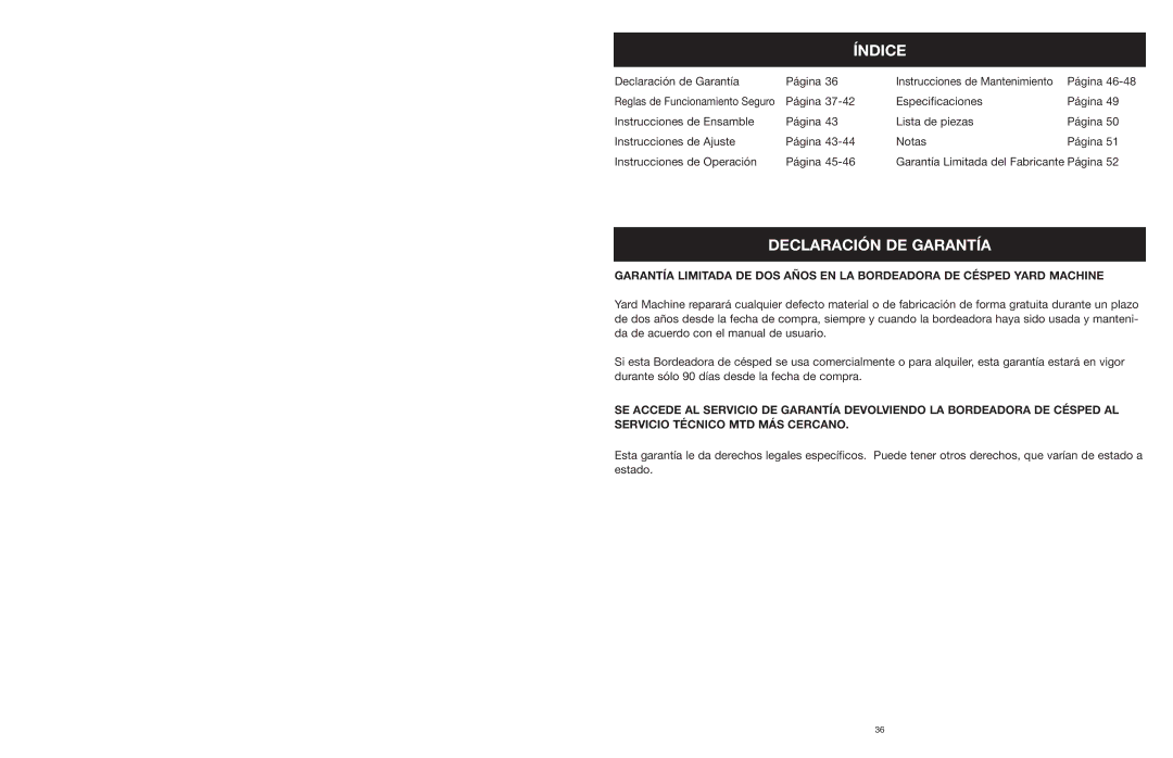 MTD 599 manual Índice, Declaración DE Garantía 