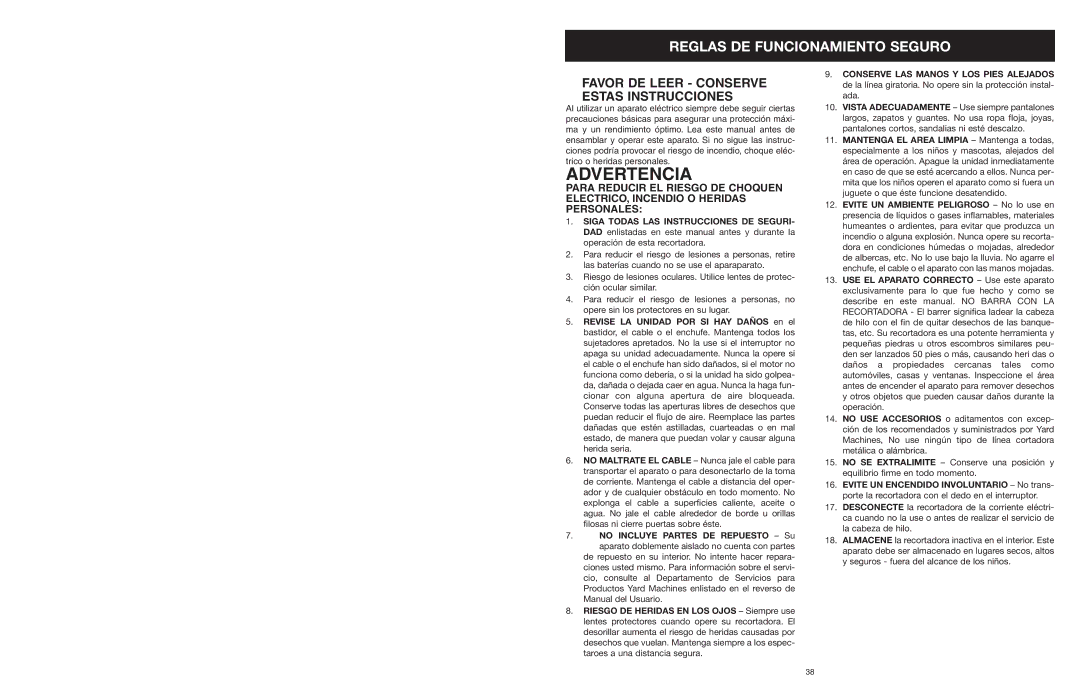 MTD 599 manual Advertencia 