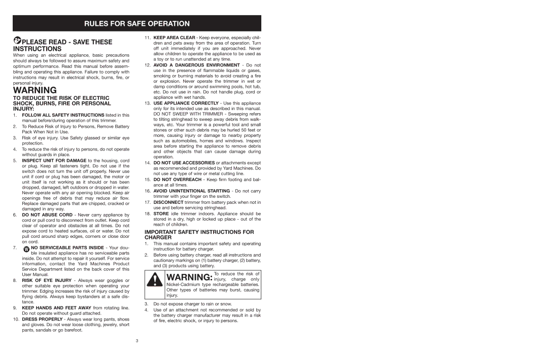 MTD 599 manual Please Read Save These Instructions, Important Safety Instructions for Charger 